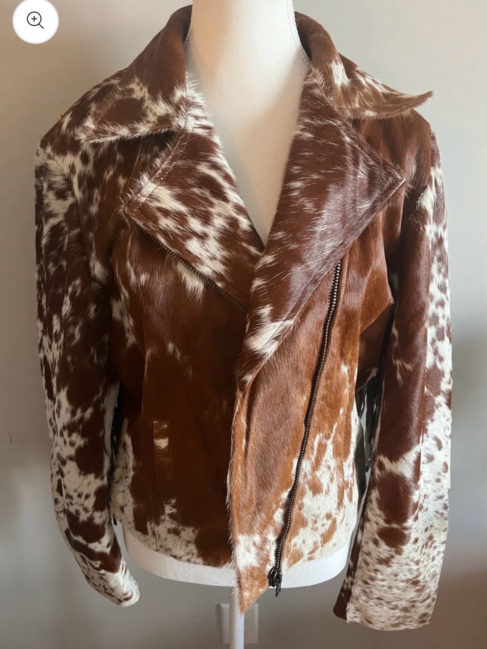 Brown and White Cowhide Leather Moto Jacket large new fringe western rodeo